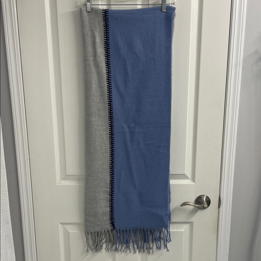 Elegant Gray and Blue Fringed OS Scarf or Wrap Wool Blend  28”wide x 70” Long